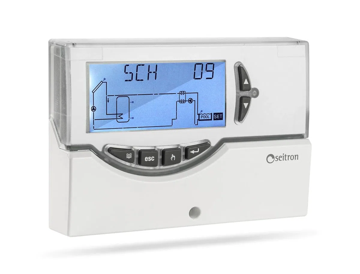 Centralina elettronica digitale per impianti solari termici e piscina completa di sonde, gestisce fino a 20 tipi di impianti, display LCD retroilluminato, autodiagnostica, allarmi visivi e sonori