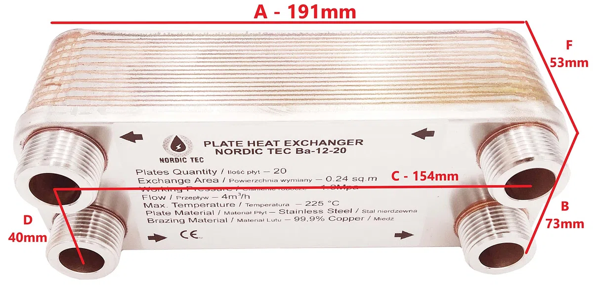 Nordic Tec Ba-12-20 - Scambiatore di calore in acciaio INOX, 20 piastre da 45 kW, 3/4", con isolamento con fissaggio a parete e parti di collegamento