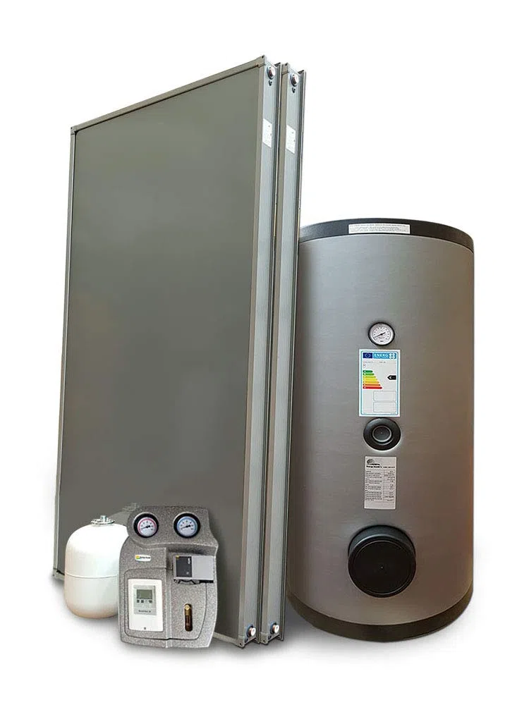 Kit impianto solare termico a svuotamento a pannelli piani per produzione Acqua Calda Sanitaria (2 pannelli, bollitore 300 litri doppia serpentina)