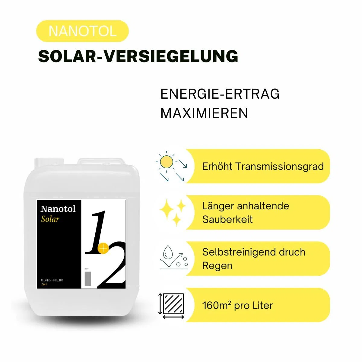 Nanotol Detergente per impianti fotovoltaici e solari per 800 m² – Pulitore + nanoversamento 1+2 per una protezione a lungo termine dallo sporco con effetto facile da pulire e loto – prestazioni più