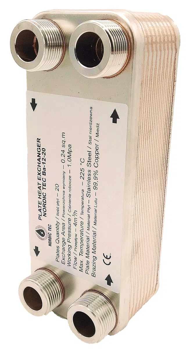 Nordic Tec Ba-12-20 - Scambiatore di calore in acciaio INOX, 20 piastre da 45 kW, 3/4", con isolamento con fissaggio a parete e parti di collegamento