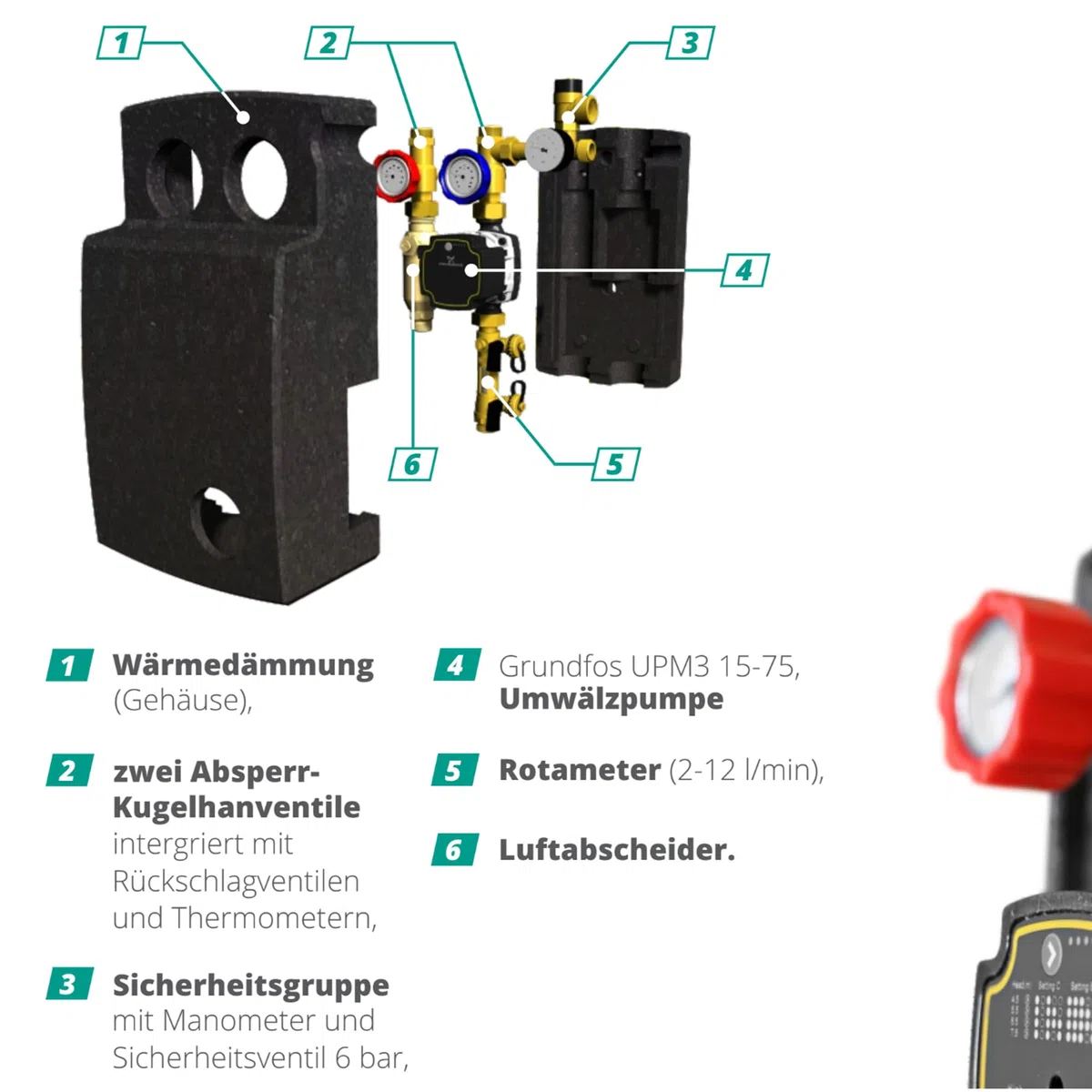 SUNEX® Gruppo pompa per impianto termico solare GPS UPM3 15-75 pompa di circolazione – Stazione solare ad alta efficienza energetica con regolatore di flusso e gruppo di sicurezza, ¾″ AG, fino a 110 °