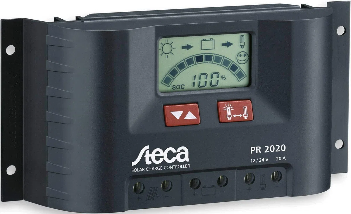 Steca – Regolatore di carica solare con display LCD e uscita per 12 V dei consumatori fino a 20 A, 1 pezzo, PR2020