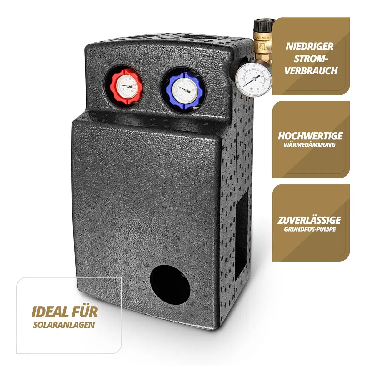SUNEX® Gruppo pompa per impianto termico solare GPS UPM3 15-75 pompa di circolazione – Stazione solare ad alta efficienza energetica con regolatore di flusso e gruppo di sicurezza, ¾″ AG, fino a 110 °