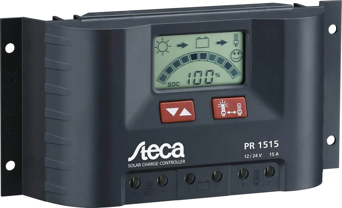 Steca, pannello solare, regolatore di carica con display LCD e uscita di 12 V per carichi (confezione da 1), PR1515