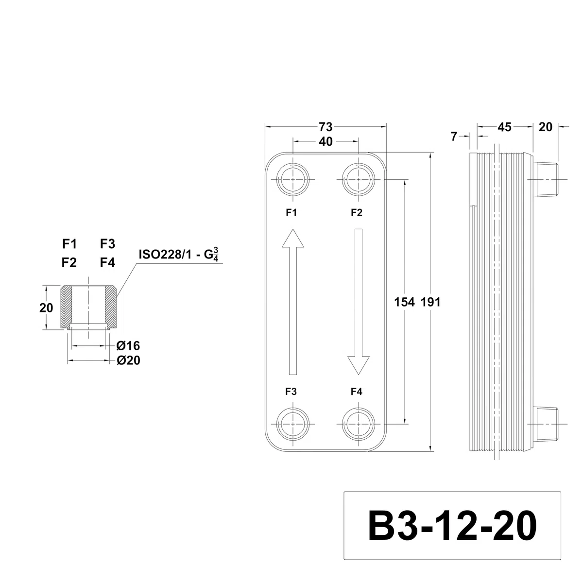 Scambiatore di calore a piastre in acciaio inox B3-12-20 con attacco da 4 x 3/4 pollici, 45 kW, riscaldamento solare (PWT)