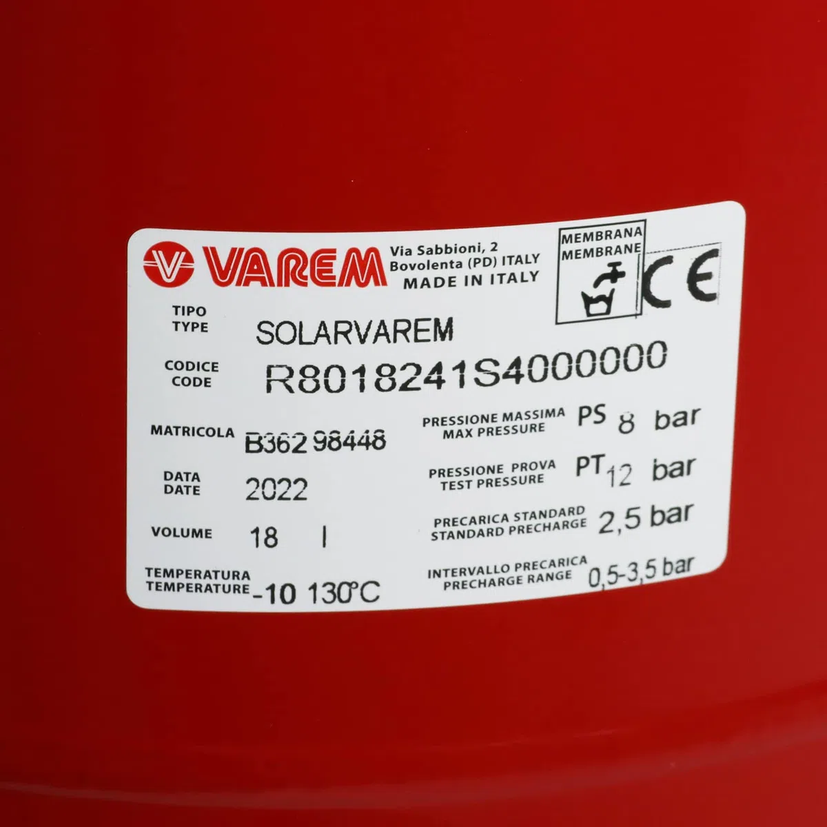 Vaso di espansione per impianti solari ce solarvarem lt 18 - rosso