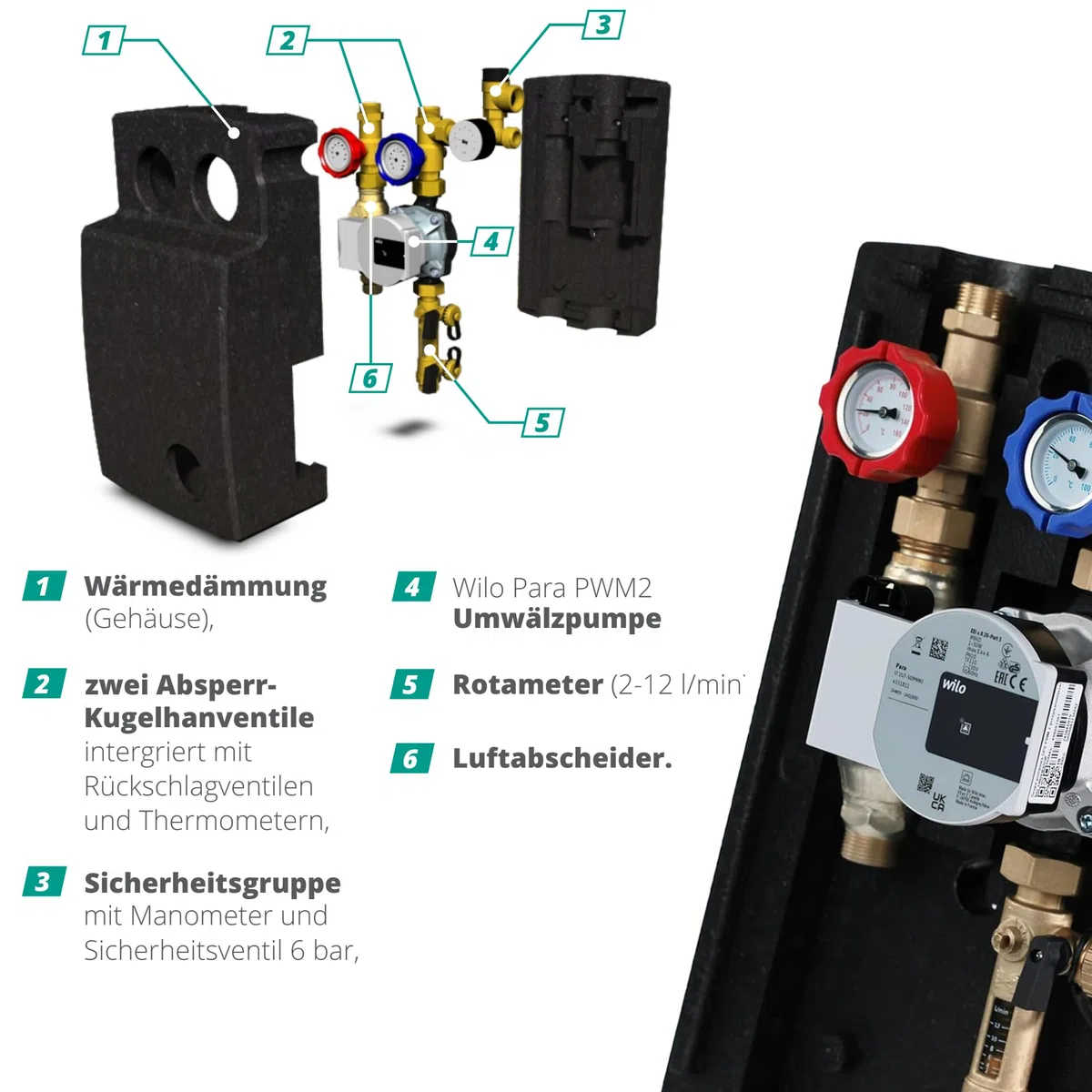 SUNEX Gruppo pompa per impianto termico solare GPS PWM con pompa elettronica WILO Para a risparmio energetico – Stazione solare con regolatore di flusso e gruppo di sicurezza, ¾″ AG, fino a 110 °C