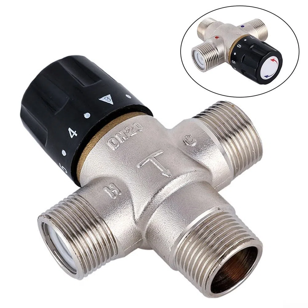 Lioaeust Valvola miscelatrice termostatica DN20 per riscaldamento solare da 3/4 di pollice, Termostatica, Rame, Argento + Nero