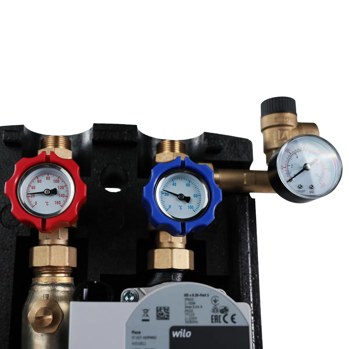 SUNEX Gruppo pompa per impianto termico solare GPS PWM con pompa elettronica WILO Para a risparmio energetico – Stazione solare con regolatore di flusso e gruppo di sicurezza, ¾″ AG, fino a 110 °C