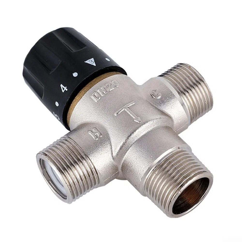 Lioaeust Valvola miscelatrice termostatica DN20 per riscaldamento solare da 3/4 di pollice, Termostatica, Rame, Argento + Nero