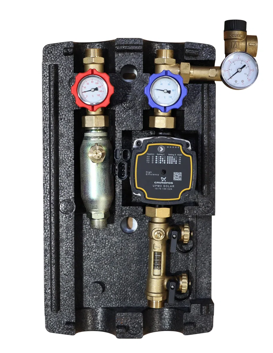SUNEX® Gruppo pompa per impianto termico solare GPS UPM3 15-75 pompa di circolazione – Stazione solare ad alta efficienza energetica con regolatore di flusso e gruppo di sicurezza, ¾″ AG, fino a 110 °