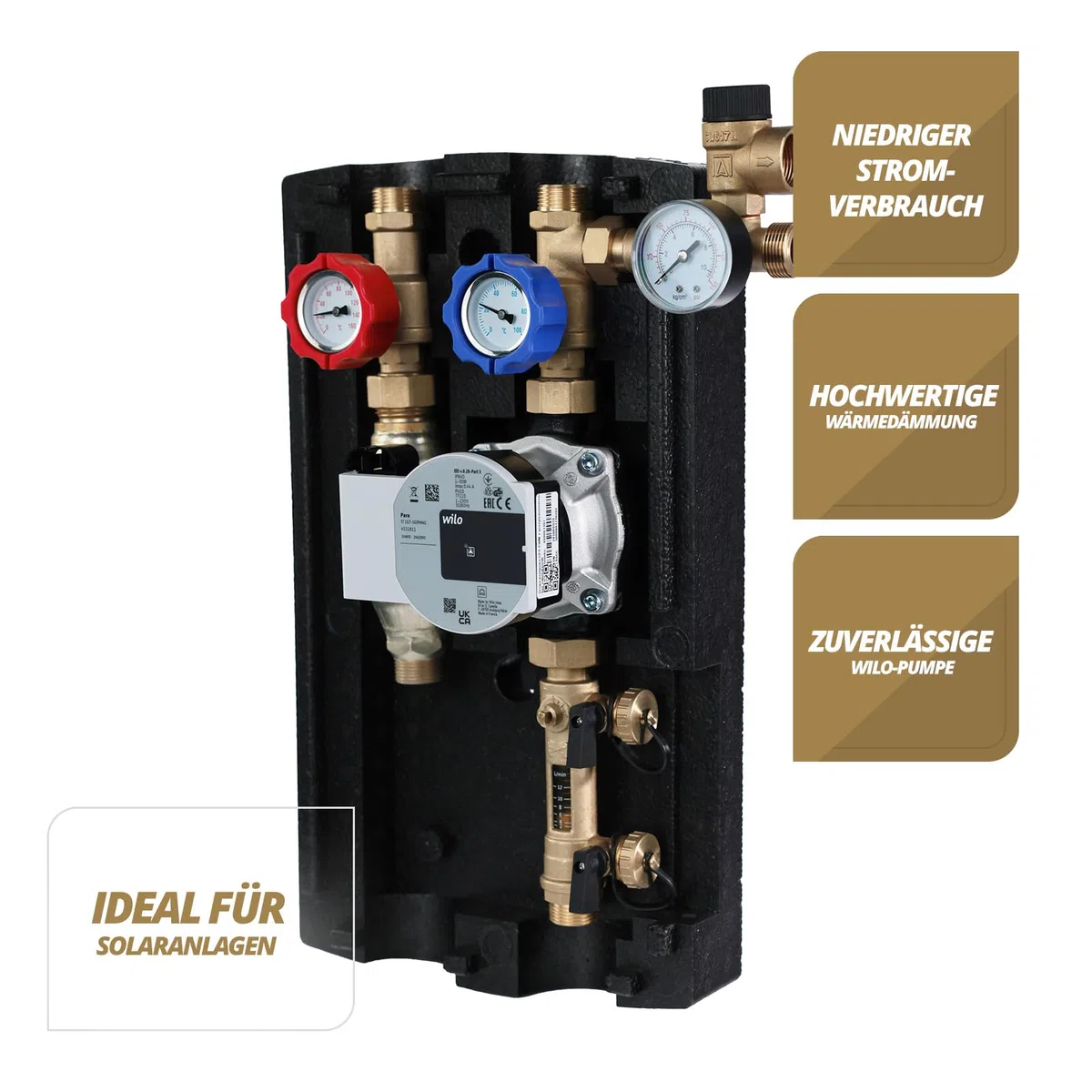 SUNEX Gruppo pompa per impianto termico solare GPS PWM con pompa elettronica WILO Para a risparmio energetico – Stazione solare con regolatore di flusso e gruppo di sicurezza, ¾″ AG, fino a 110 °C