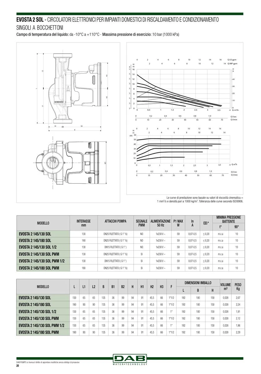 DAB EVOSTA 2 20-75/130 SOL 1” ½ (Attacchi Bocchettone 1” ½ x 1") Circolatore elettronico per impianti di riscaldamento a pannelli solari termici domestici e residenziali.