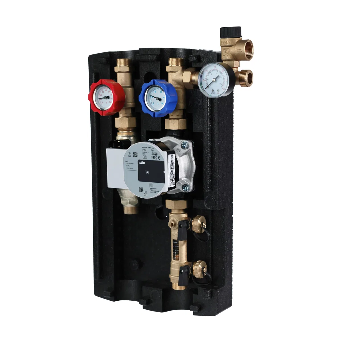 SUNEX Gruppo pompa per impianto termico solare GPS PWM con pompa elettronica WILO Para a risparmio energetico – Stazione solare con regolatore di flusso e gruppo di sicurezza, ¾″ AG, fino a 110 °C