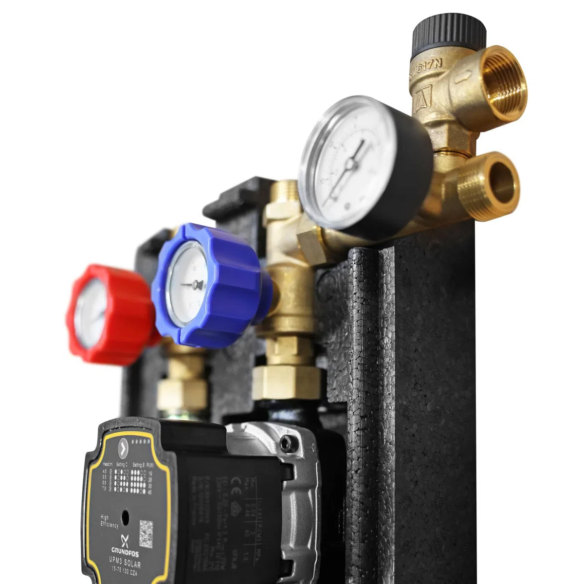 SUNEX® Gruppo pompa per impianto termico solare GPS UPM3 15-75 pompa di circolazione – Stazione solare ad alta efficienza energetica con regolatore di flusso e gruppo di sicurezza, ¾″ AG, fino a 110 °