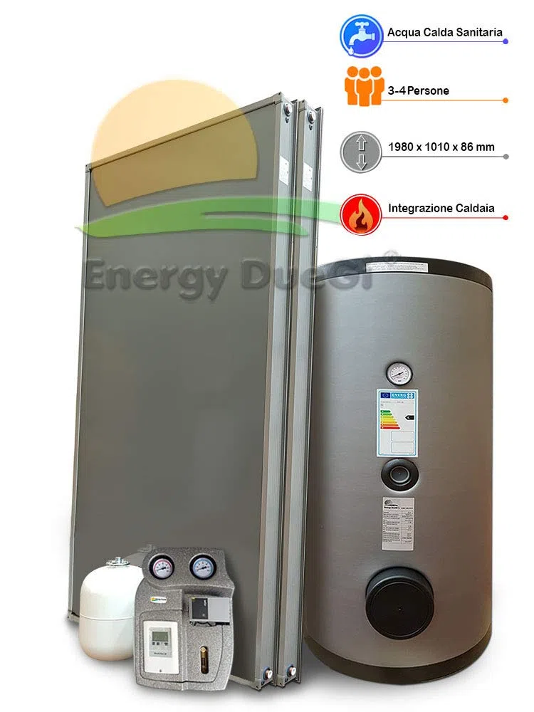 Kit impianto solare termico a svuotamento a pannelli piani per produzione Acqua Calda Sanitaria (2 pannelli, bollitore 300 litri doppia serpentina)