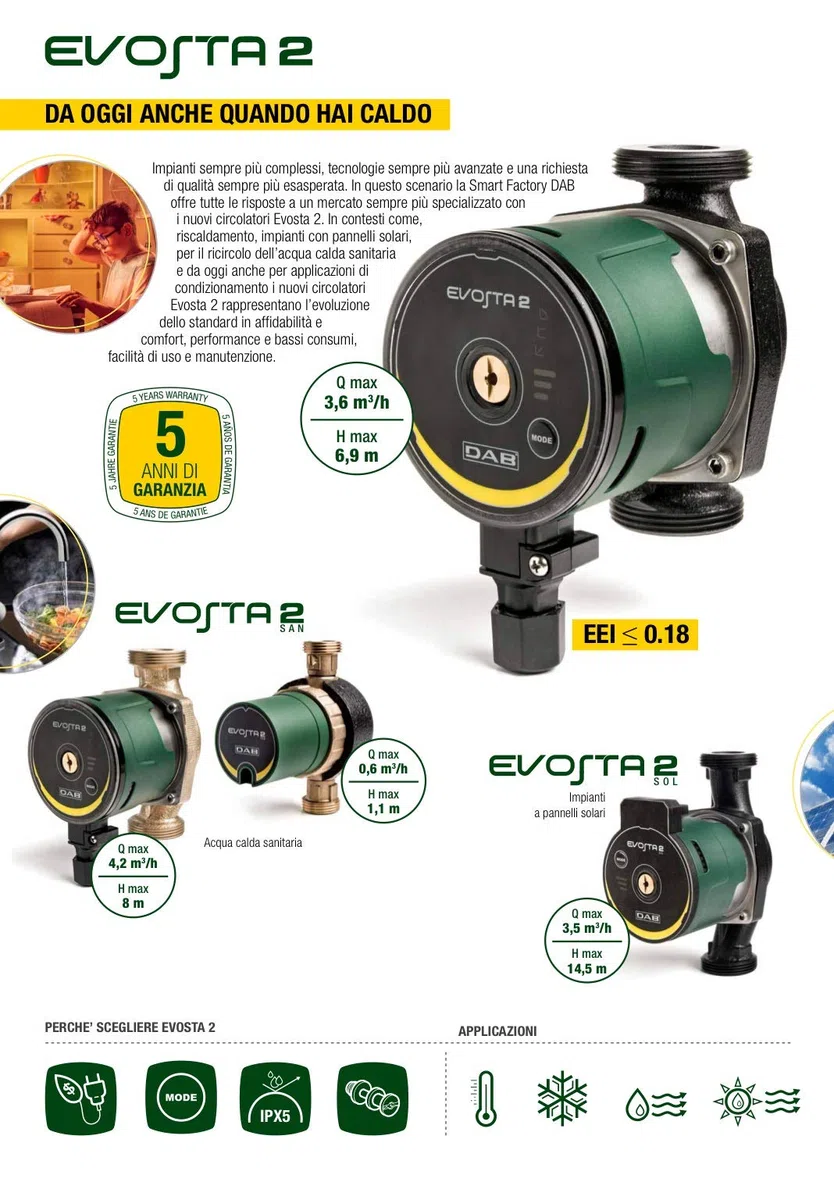 DAB EVOSTA 2 20-75/130 SOL 1” ½ (Attacchi Bocchettone 1” ½ x 1") Circolatore elettronico per impianti di riscaldamento a pannelli solari termici domestici e residenziali.