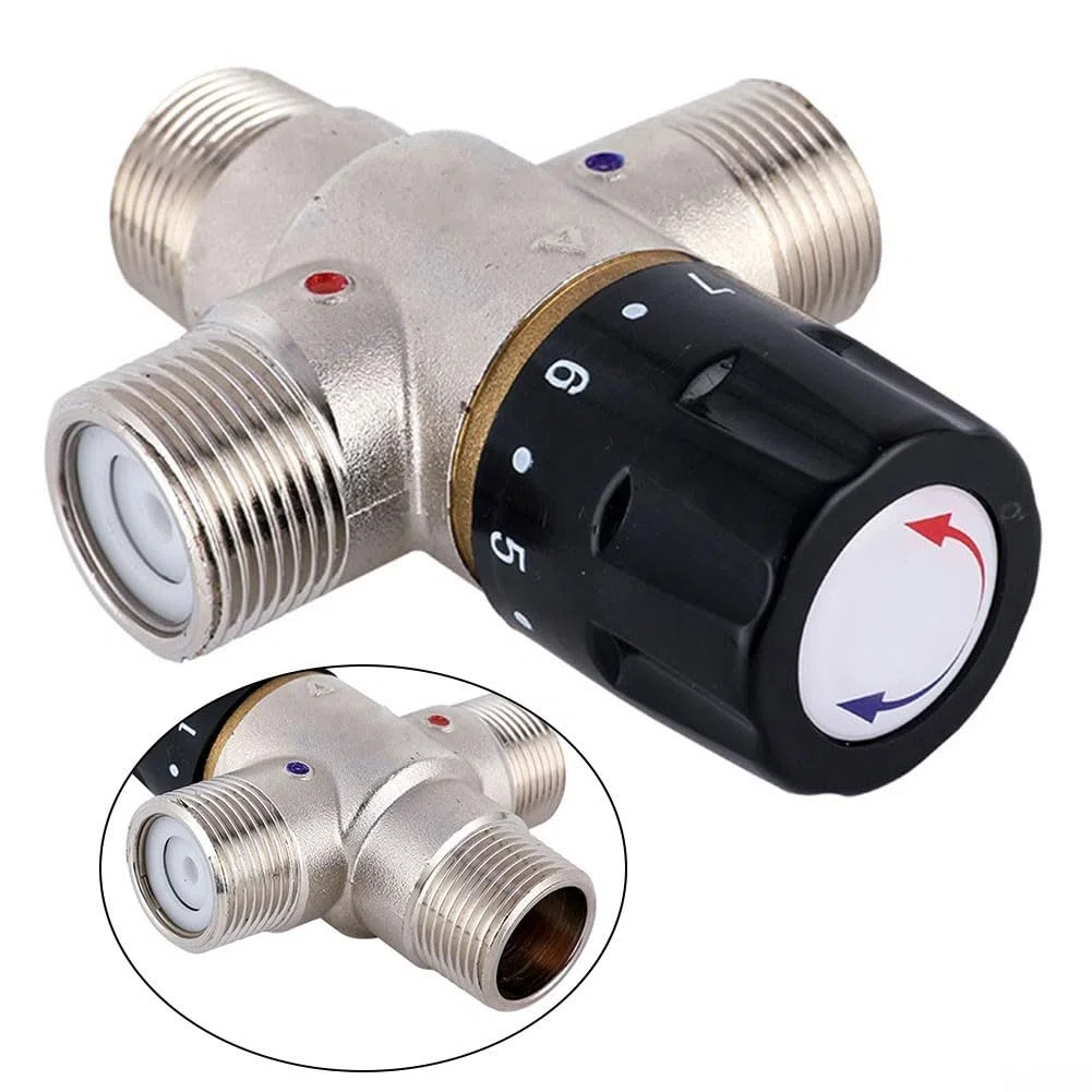 Lioaeust Valvola miscelatrice termostatica DN20 per riscaldamento solare da 3/4 di pollice, Termostatica, Rame, Argento + Nero